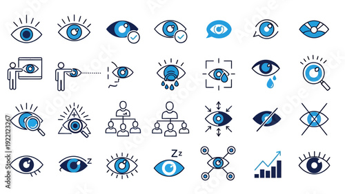Collection of blue eye icons and related symbols for graphic design, infographics, and visual communication assets.