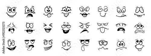 Vector set. Cartoon doodle face expression. Happy, sad and angry characters emotions. Emotional comic face with eyes, mouths, tongue and teeth.