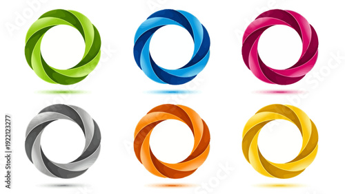 Six colorful circular swirl logos in assorted vibrant colors for abstract design.
