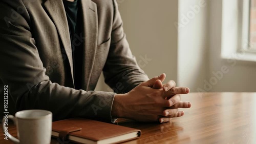 Emotional intelligence leader business meeting businessman hands folded wooden table notebook