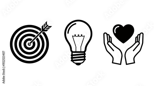 Target, Idea, and Support: A Trio of Visual Icons Representing Goals, Innovation, and Care.