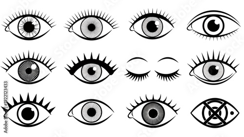 Collection of illustrated human eyes in various angles and styles for design and study.