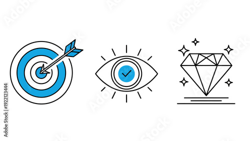 Vector icons of a target with an arrow, an eye, and a sparkling diamond symbolizing focus, vision, and value.