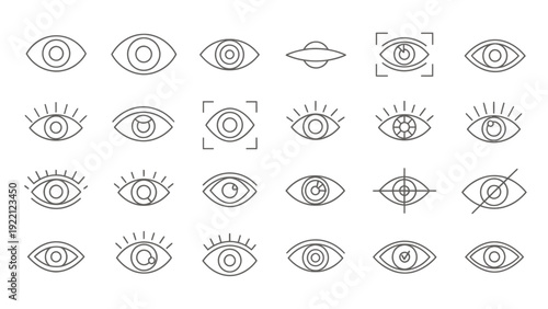 Collection of grayscale eye icons and symbols arranged in a decorative pattern across multiple illustrations.