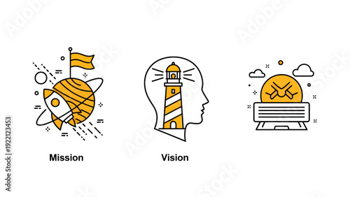 Strategic Concepts Illustration: Mission, Vision, and Digital Innovation for Business Growth and Leadership.