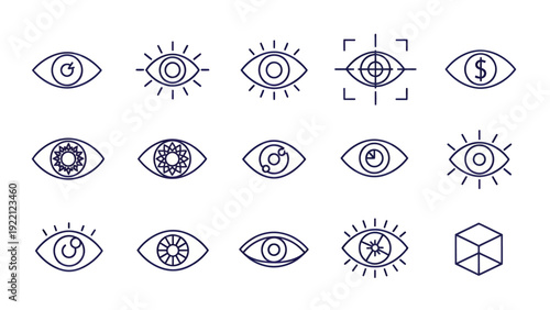 Collection of stylized eye icons with geometric variations for design.