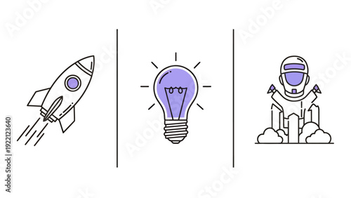Rocket Launch and Lightbulb Moment in Space Exploration with Astronaut on Rocky Summit.