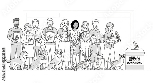 Diverse group of people and animals at an animal rescue event.