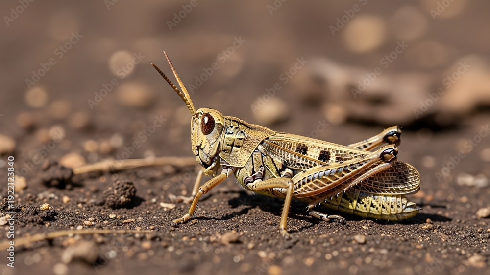 Fototapeta premium Macro view of a grasshopper on dry soil with strong natural lighting and shallow depth of field