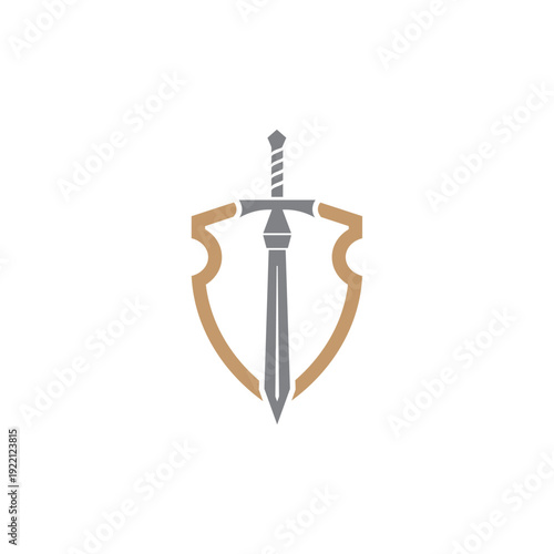 vintage sword and shield logo design vector with flat style in brown and gray color