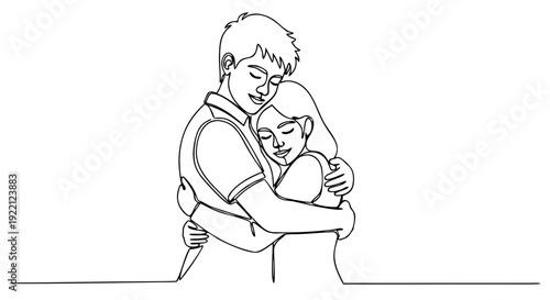 Continuous One Line Drawing of Boy and Girl Hugging in Black Line Art Minimal Style