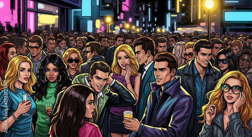 Diverse group of people gathered together in a city at night.