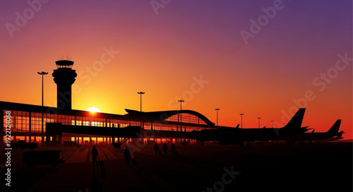 Airport control tower and airplane silhouette at sunset.