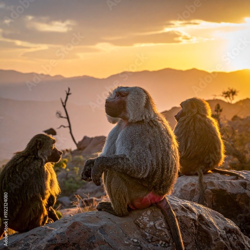 Wallpaper Mural Three Gelada Baboons Enjoying the Sunset Over the Mountains, a Beautiful Wildlife Scene. Torontodigital.ca