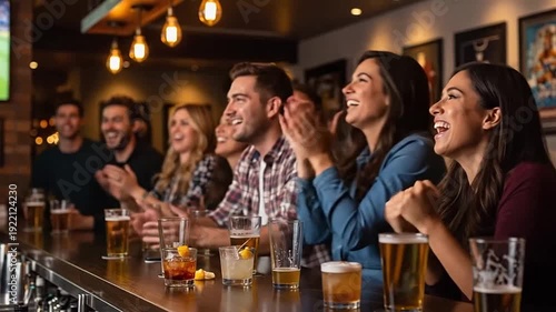 Group of happy diverse friends laughing and enjoying drinks together at a lively bar or pub, sharing joyful moments and good company in a warm, relaxed atmosphere.