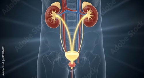 Anatomical illustration of the human urinary system showing kidneys, ureters, bladder, and urethra.