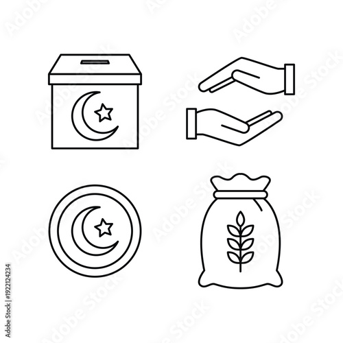 Zakat Charity Icons Set Donation Box Hands Coin Grain