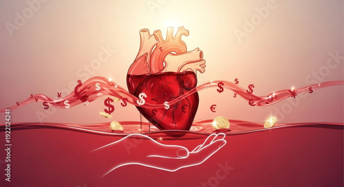 Anatomical Heart with Flowing Blood and Dollar Signs.