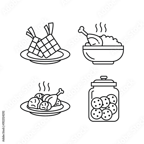Traditional Food Icons Set Ketupat Rice Chicken Cookies