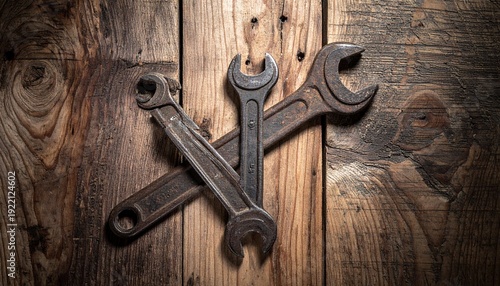 Wallpaper Mural Three vintage wrenches crossed on a rustic wooden surface, tools concept. Torontodigital.ca