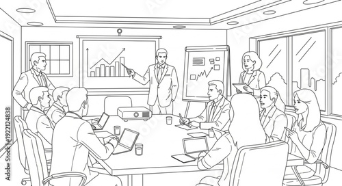 Business meeting in a modern conference room with presentation.