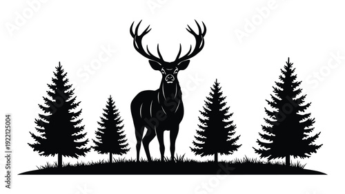 A black silhouette of a deer with trees isolated on white background, Vector