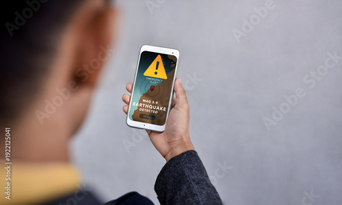 Obraz na płótnie Earthquake Warning Alert on Mobile Phone Smartphone, Climate change, Technology
