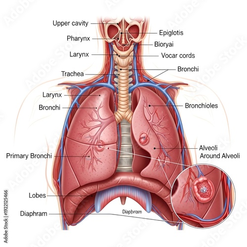 Detailed Diagram of the Human Respiratory System with Lungs and Airway Anatomy.