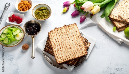 Wallpaper Mural Traditional Passover Seder Plate with Matzah, Symbolic Foods, and Spring Flowers. Torontodigital.ca