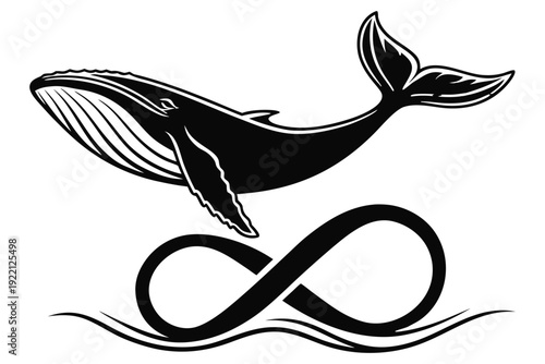 Black and white whale silhouette with infinity symbol waves