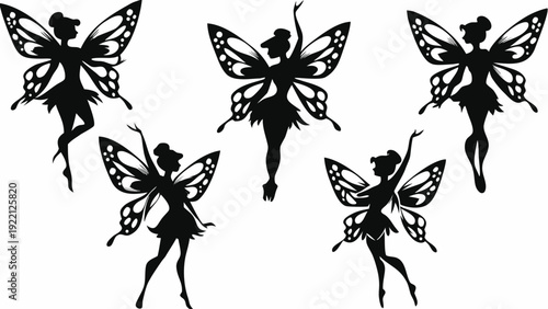 Set of elegant fairies in dynamic poses with intricate butterfly wings