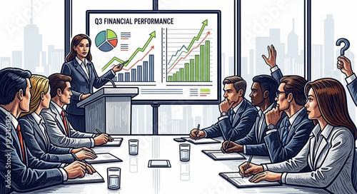 Business meeting with financial performance charts presented.
