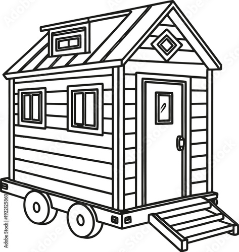 Cozy tiny house on wheels with steps and dormer windows