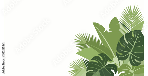 Green Tropical Tree Branch with Lush Palm and Monstera Leaves Corner Composition Vector Isolated on White
