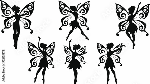 Silhouette of six fairies in various poses with ornate butterfly wings