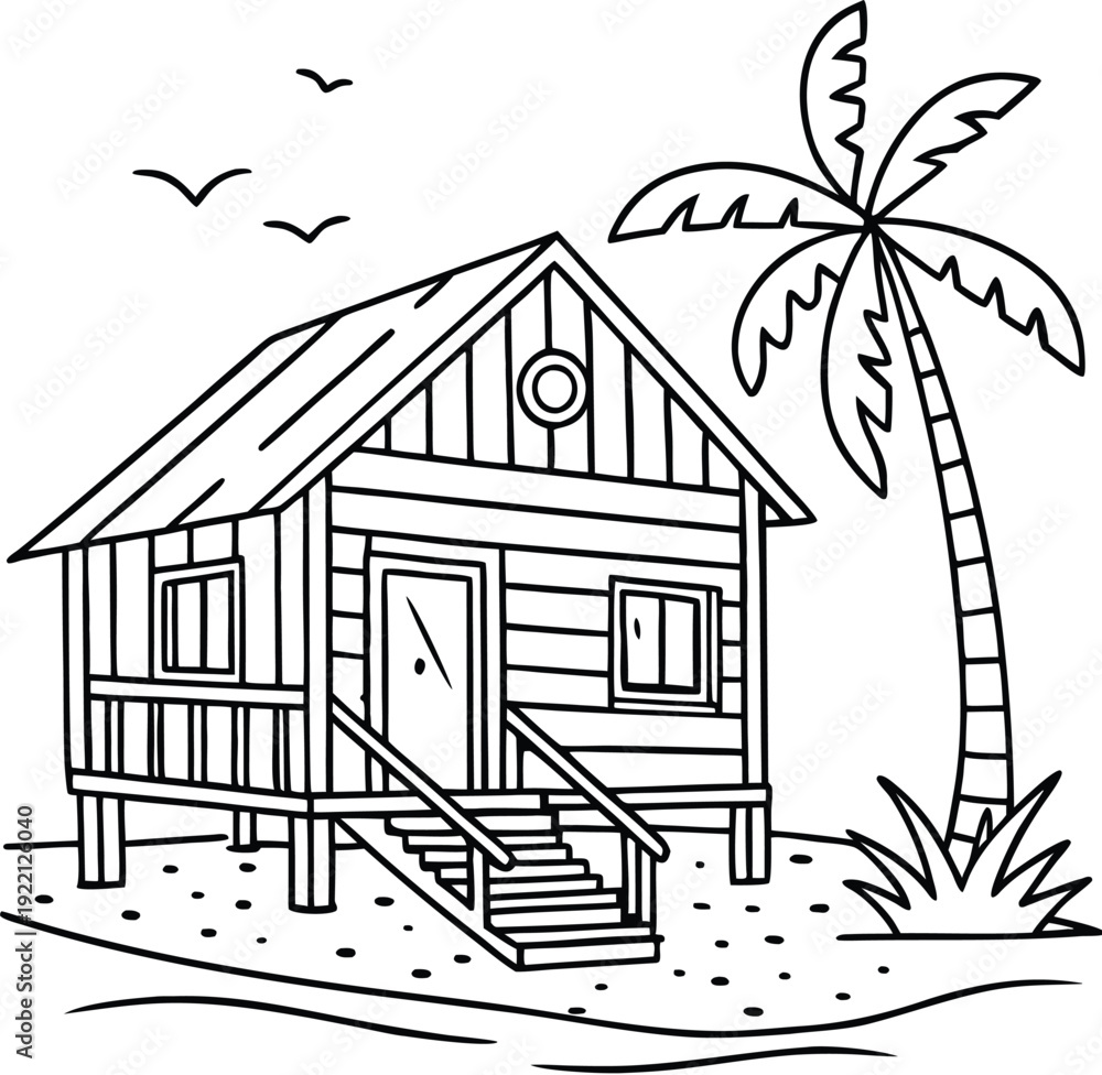 Naklejka premium Cozy beach hut with palm tree and stairs to door