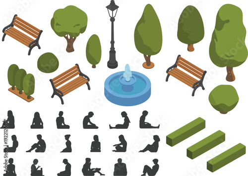 Isometric park and garden elements set with trees benches fountain street lamp and sitting people 3D vector illustration
