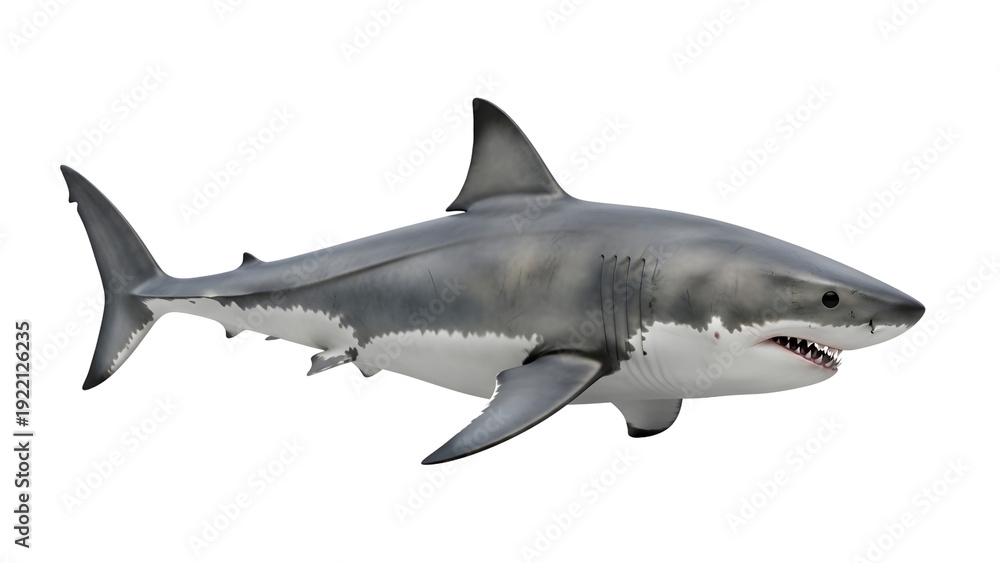 Fototapeta premium shark, great white shark, ocean shark, sea predator, marine animal, dangerous fish, shark side view, realistic shark, underwater animal, aquatic predator, shark isolated, shark png, shark without back