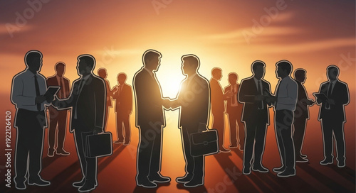 Business people shaking hands at sunset with a group watching.