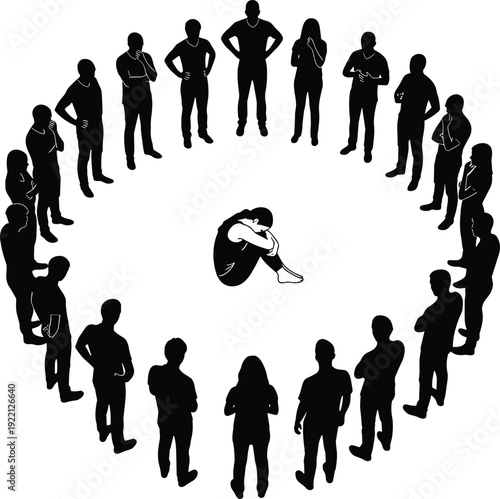 Conceptual silhouette of a lonely person sitting in the middle of a circle of people for social anxiety, isolation, bullying, and depression awareness themes.