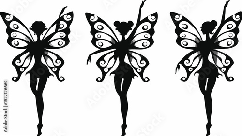 Three elegant butterfly fairies dancing in unison with beautiful wings