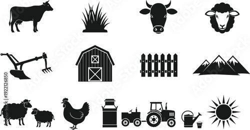 Comprehensive collection of farm and agriculture silhouettes featuring livestock barn tractor and farming equipment isolated on white background for rural countryside and agricultural design.
