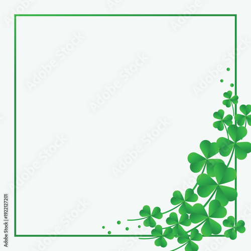 Square green shamrock frame with clover leaves in corner, ideal for St. Patricks Day cards and festive templates.