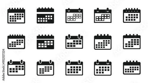 A collection of calendar icons in black and white isolated on white background, Vector