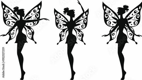 Three elegant fairies in dynamic poses with ornate butterfly wings