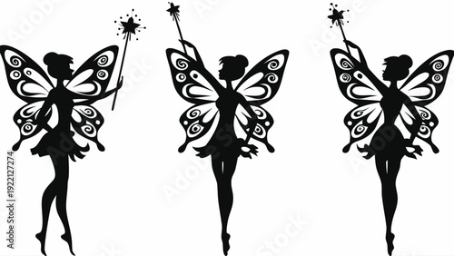 Elegant fairy silhouettes with magic wands and decorative wings