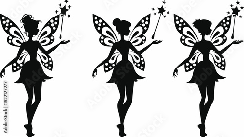 Three elegant fairies with sparkling wands and beautiful wings