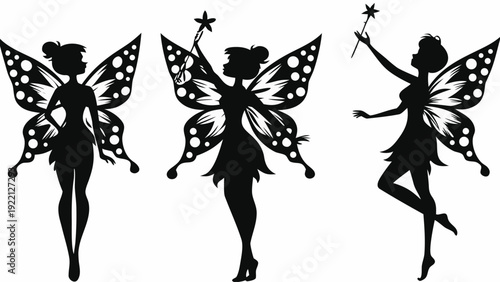 Three elegant fairies with sparkling wings and wands in dynamic poses
