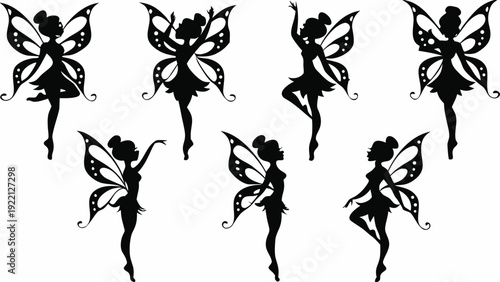 Seven dancing fairies in playful poses with beautiful wings