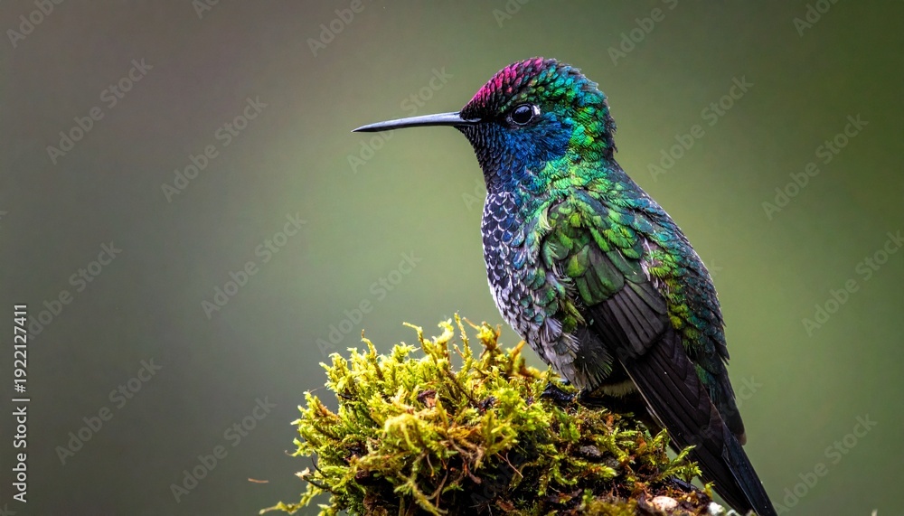 Fototapeta premium Vibrant Hummingbird Perched on Mossy Branch, Showcasing Iridescent Plumage and Delicate Features.